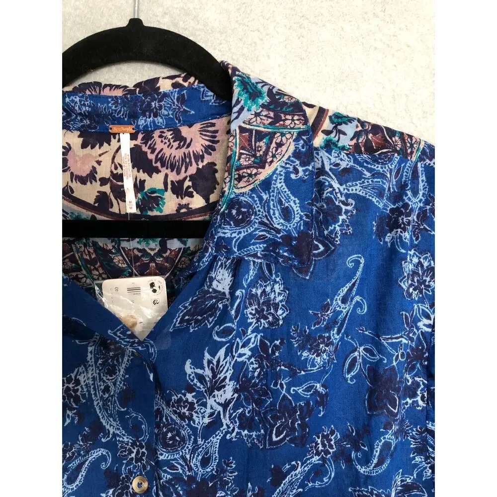 Free People Button-Up Top Floral Lightweight Blue Motif Women's Medium NEW